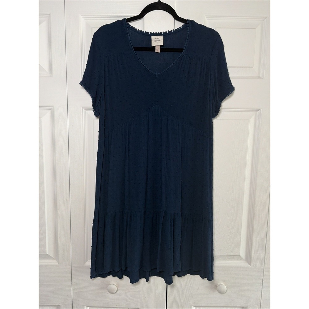 Knox Rose Swiss Dot Tiered Babydoll Dress Womens Size S Navy Blue Boho Fem Flowy